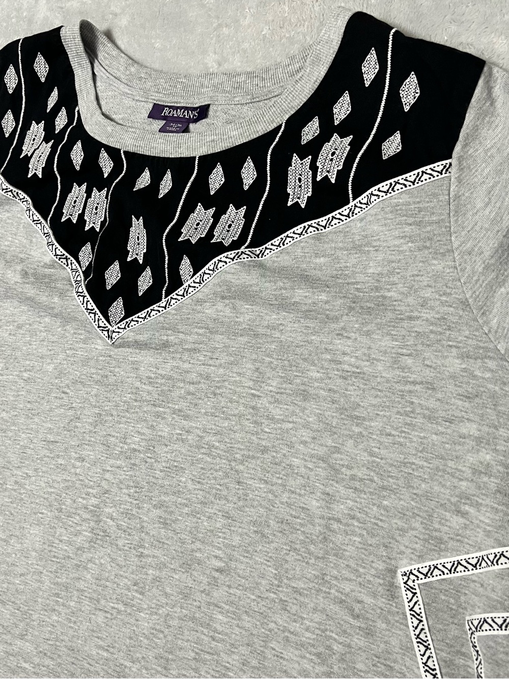 Roaman's Gray Crewneck Sweatshirt with Black Patterned Yoke